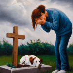 a grieving woman crying as she stand over the grave of her beloved little dog
