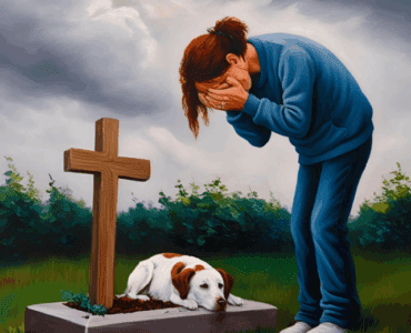 a grieving woman crying as she stand over the grave of her beloved little dog