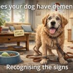Elderly Golden Retriever looks confused in a living room, surrounded by sticky notes and misplaced items. Text reads Does your dog have dementia?