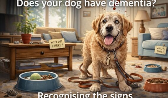 Elderly Golden Retriever looks confused in a living room, surrounded by sticky notes and misplaced items. Text reads Does your dog have dementia?